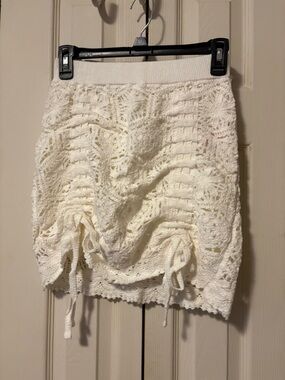 White Crochet Drawstring Mini Skirt